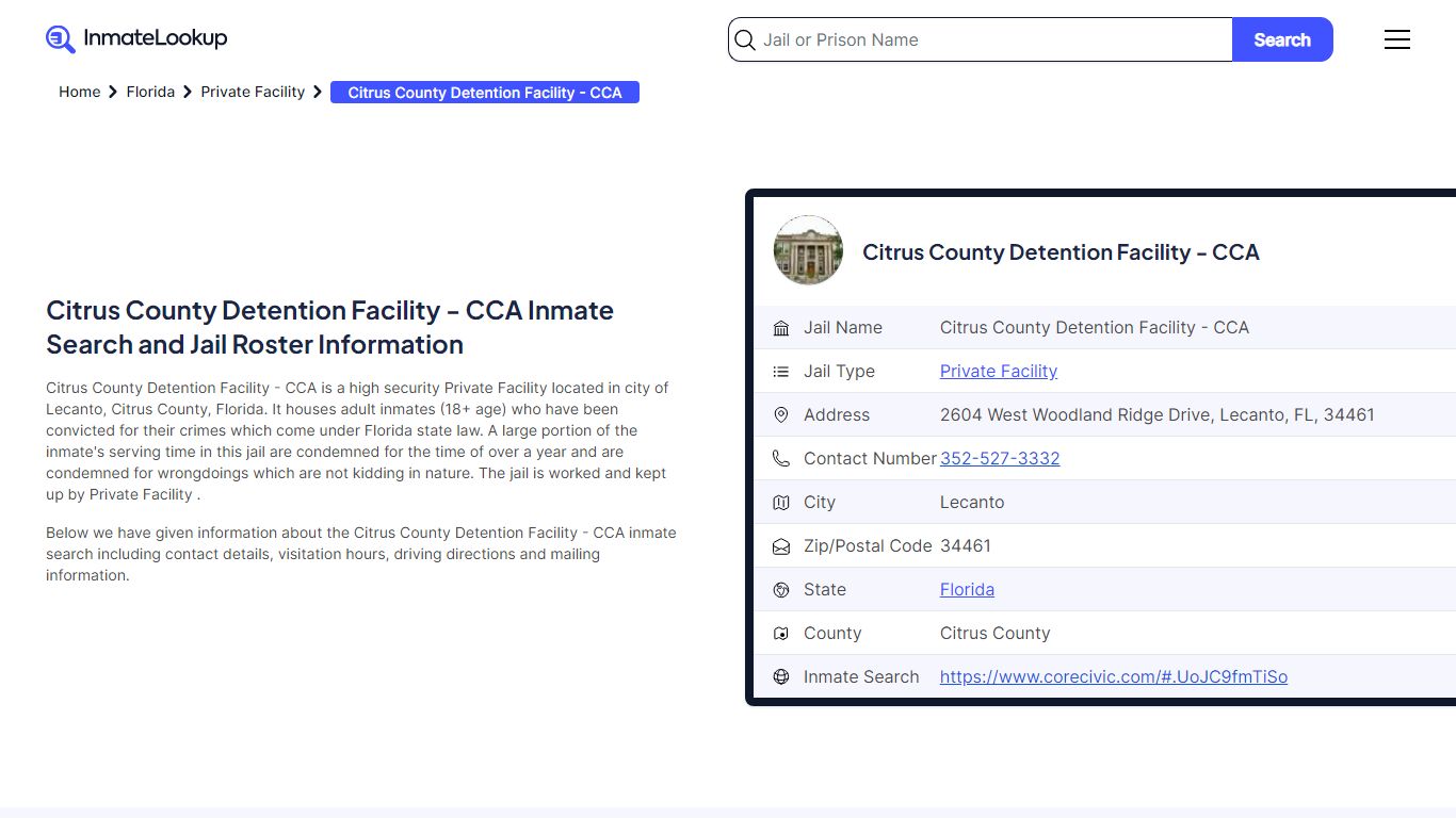 Citrus County Detention Facility - CCA (FL) Inmate Search Florida ...